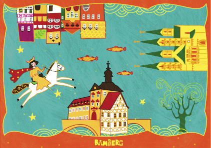 Farbenfrohe illustrierte Bamberg-Postkarte